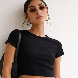 Princess Polly Black Ribbed Baby Tee Crop Top Size S US 6 Y2K Minimalist Fitted
